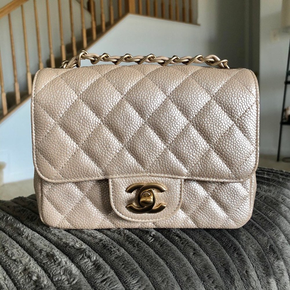 CHANEL Beige Caviar Mini Square Flap Bag